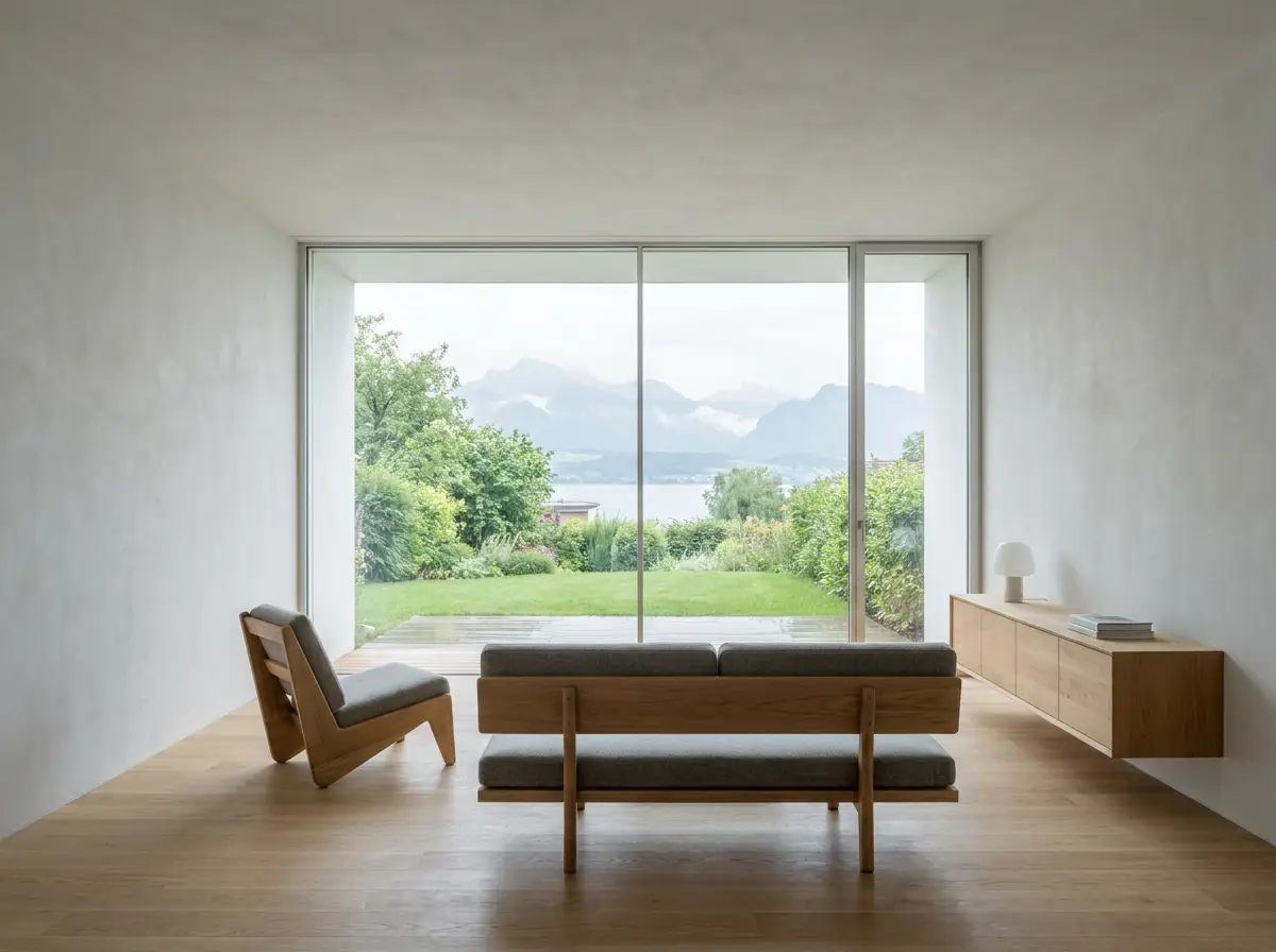Minimalistischer Wohnraum mit verputzten Wänden und Blick auf den Bodensee — Heizfläche unsichtbar im Putz